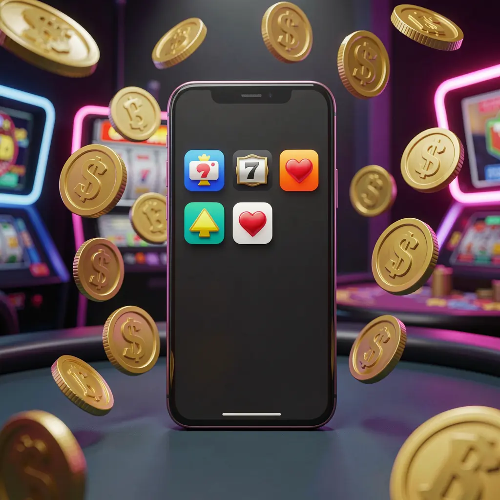 Modern Android phone displaying the 6444JILI casino app with app icons, surrounded by floating golden coins and slot symbols in a neon casino atmosphere, realistic 3D render