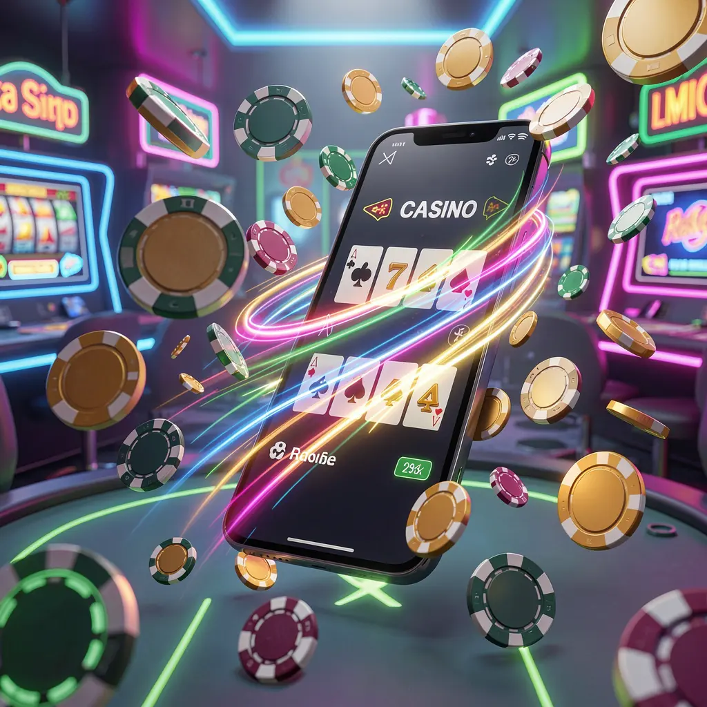 Smartphone displaying fast casino app access with speed light trails, coins and chips flying around in a modern neon casino background, featuring dynamic 3D render by 6444JILI