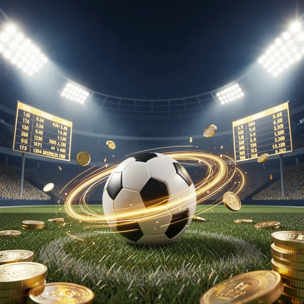 Sports betting hero banner featuring a football stadium at night with bright floodlights, a soccer ball on green grass, glowing odds panels, golden coins, and dynamic light trails in a premium dark blue and gold atmosphere, showcasing 6444JILI's betting platform