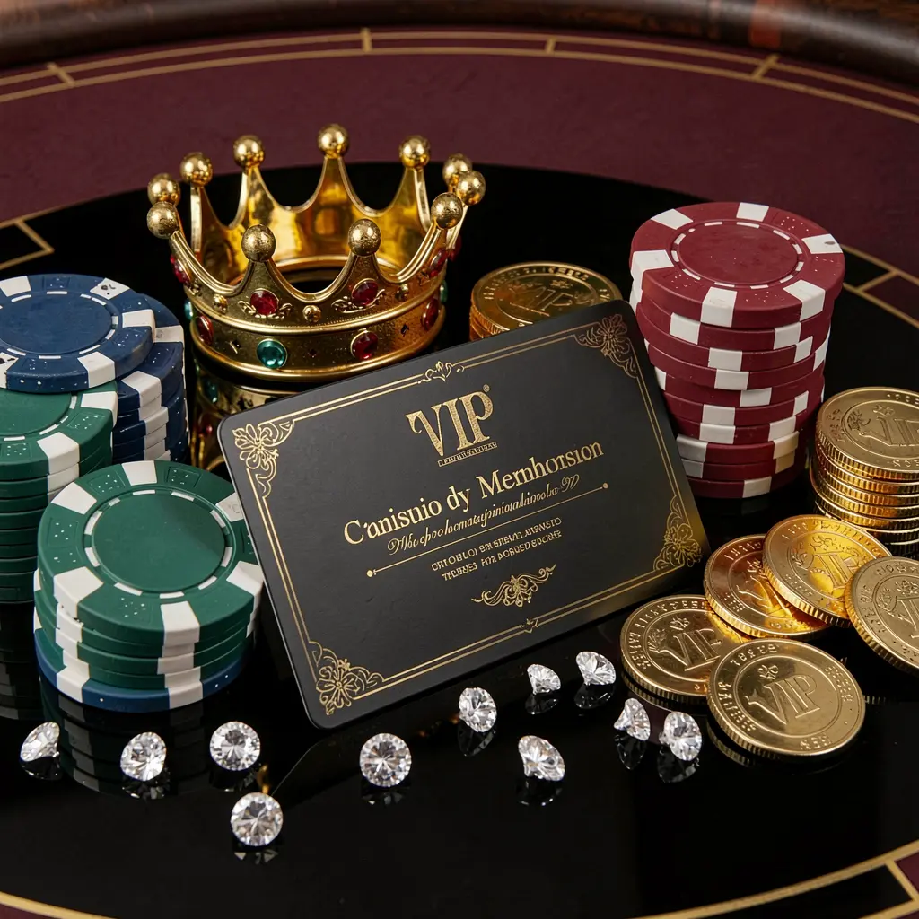 6444JILI VIP casino bonus concept featuring a golden crown, luxury membership card, poker chips, diamonds, and coins arranged on a glossy black table in an elegant premium style