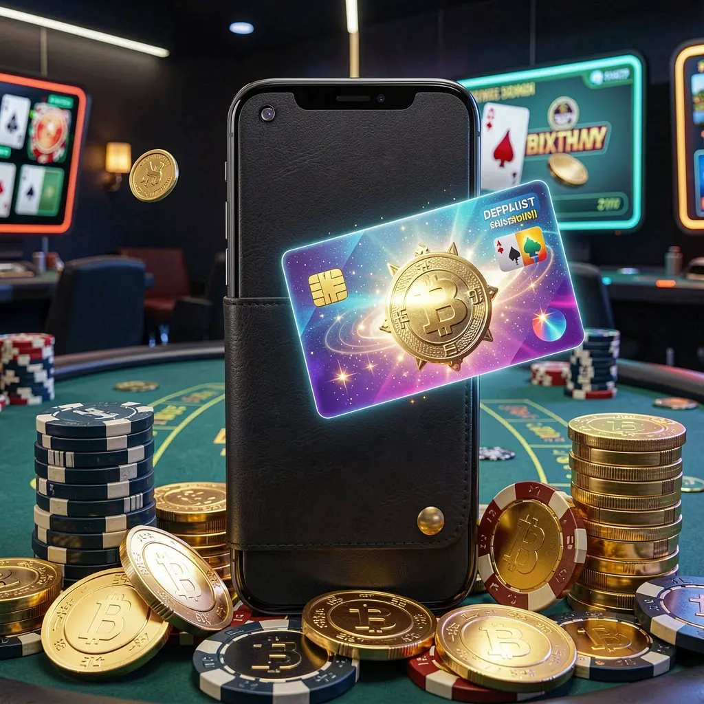 Modern mobile casino scene featuring a smartphone wallet with a glowing payment card, golden coins, and poker chips, highlighting the 6444JILI deposit bonus concept
