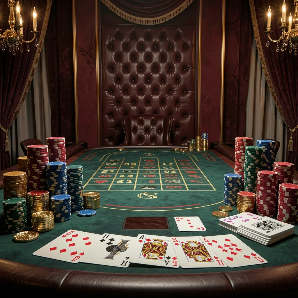 Luxury casino scene featuring a blackjack table with poker cards, stacks of chips, and sparkling coins set against a dark red and gold background, showcasing the 6444JILI brand's elegant gaming atmosphere