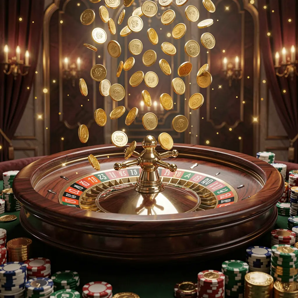 Premium online casino banner by 6444JILI featuring golden coins raining over a roulette wheel and poker chips with a glowing luxury background in a dynamic, realistic 3D render