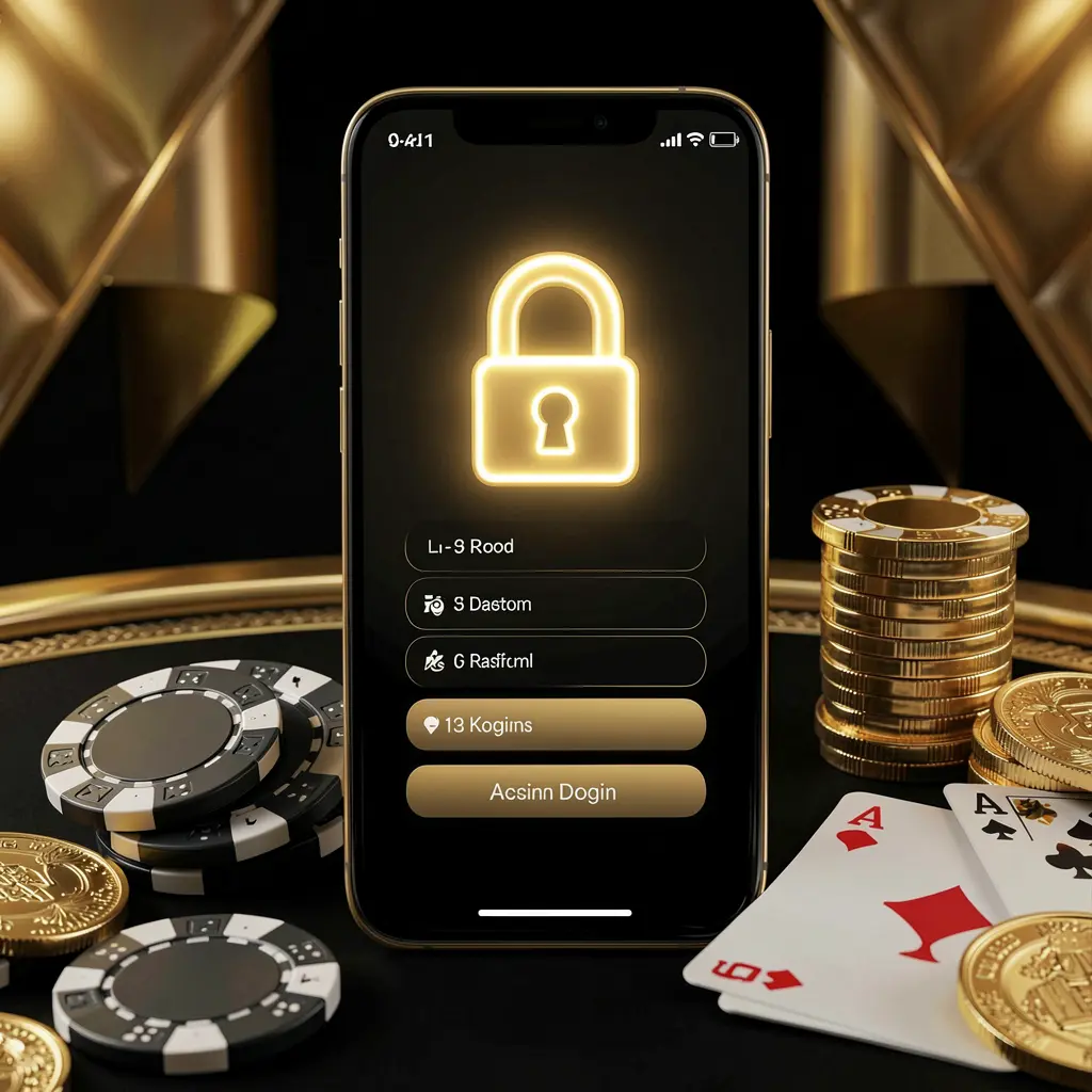 Secure casino account login concept featuring a glowing lock icon on a smartphone screen surrounded by poker chips, playing cards, and golden coins with an elegant black and gold background, showcasing 6444JILI branding