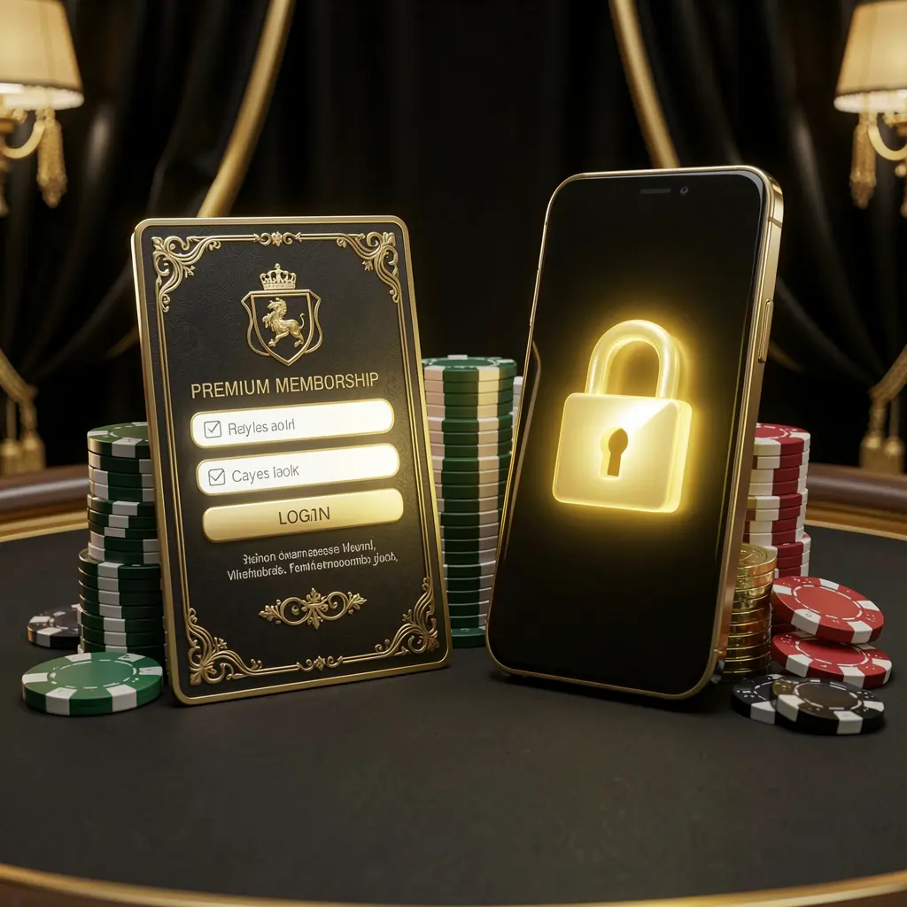 6444JILI casino member login concept featuring a premium membership card beside a smartphone with a glowing lock symbol, poker chips and coins on a black and gold luxury background in a realistic 3D illustration