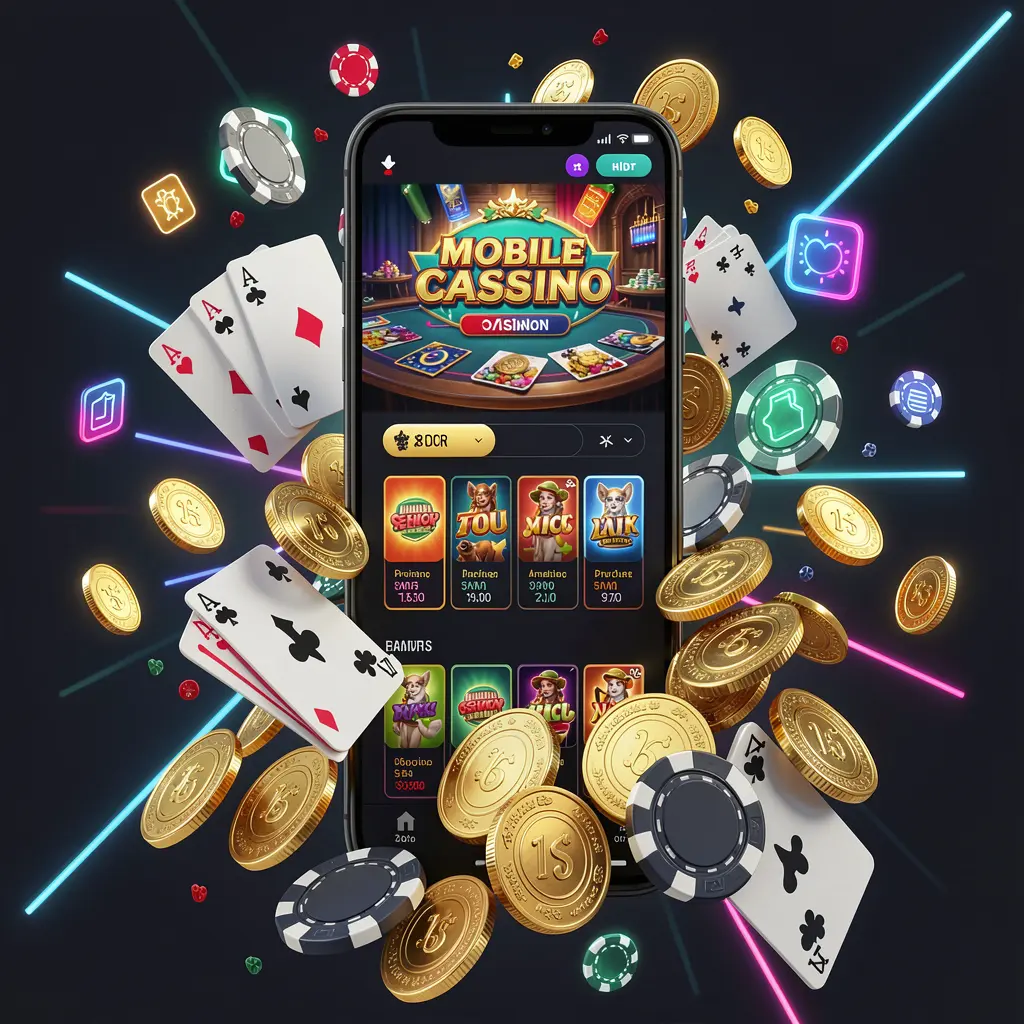 6444JILI mobile casino homepage concept featuring a smartphone surrounded by golden coins, chips, cards, and glowing icons on a modern dark background with neon accents